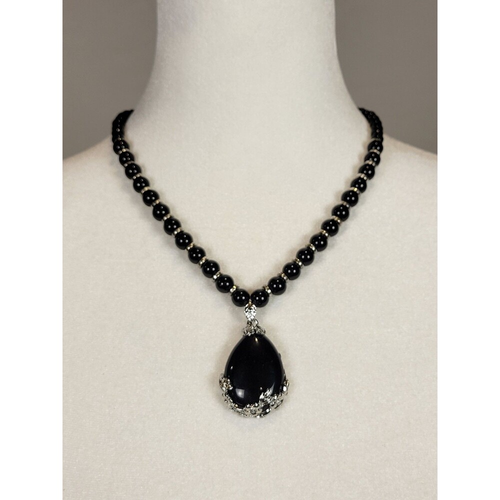 Gothic Black Onyx & Silver Teardrop Beaded Necklace 18" Handmade Bridal Costume